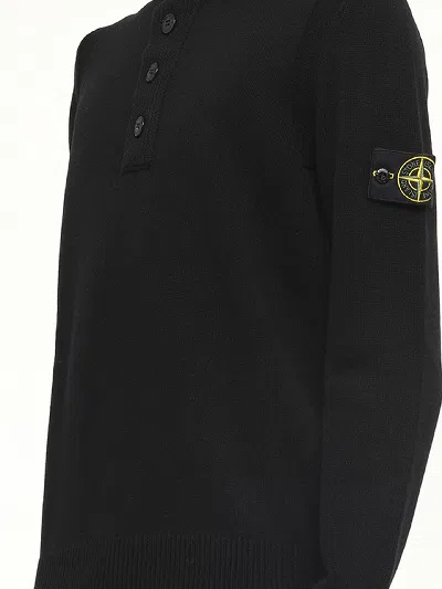 Stone Island High Collar Pullover With Buttoned Placket And Logo Patch In Black