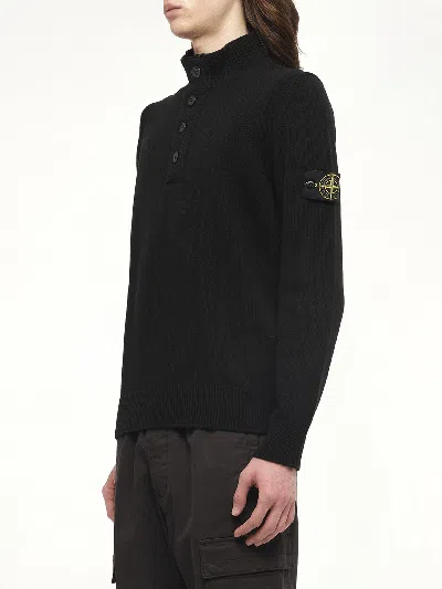 Stone Island High Collar Pullover With Buttoned Placket And Logo Patch In Black