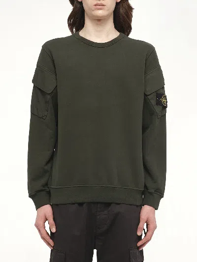 Stone Island Crewneck Sweatshirt In Brushed Organic Cotton In Green