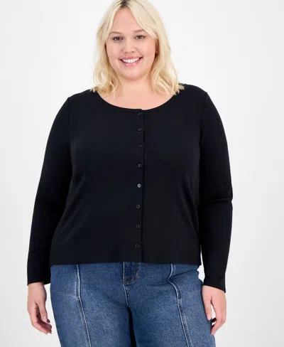 Hippie Rose Trendy Plus Striped Button-front Sweater In Black