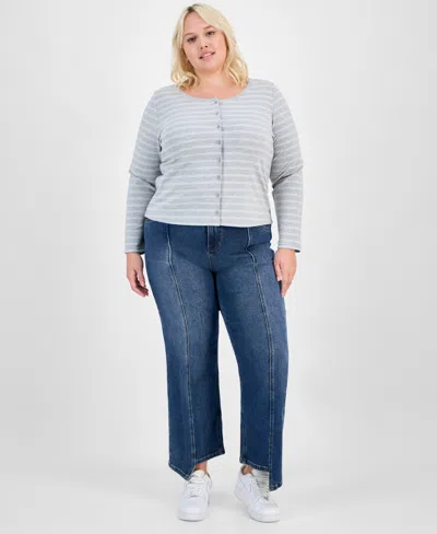 Hippie Rose Trendy Plus Striped Button-front Sweater In Gold