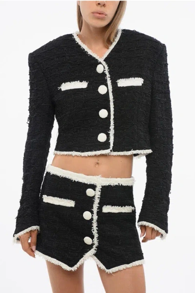 Balmain Tweed Cropped Blazer With Contrasting Details In Black