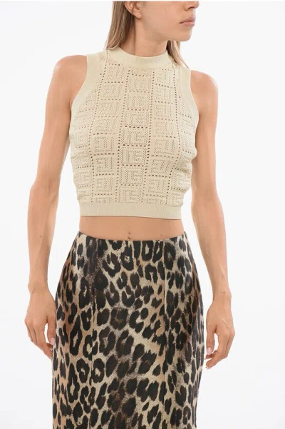 Balmain Knitted Crop Top With All-over Monogram In Multi