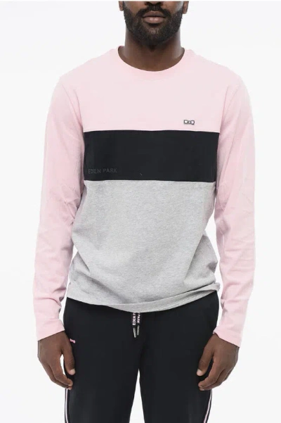 Eden Park Long Sleeve Color Block Twickers Crew-neck T-shirt In Pink
