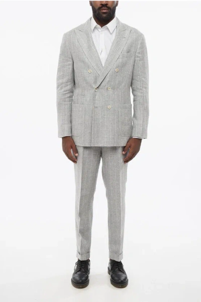 Brunello Cucinelli Double-breasted Linen Blend Suit With Pinstriped Motif In Gray