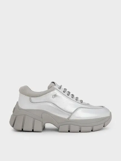 Charles & Keith - Yunna Metallic Leather & Recycled Fabric Chunky Sneakers In Silver