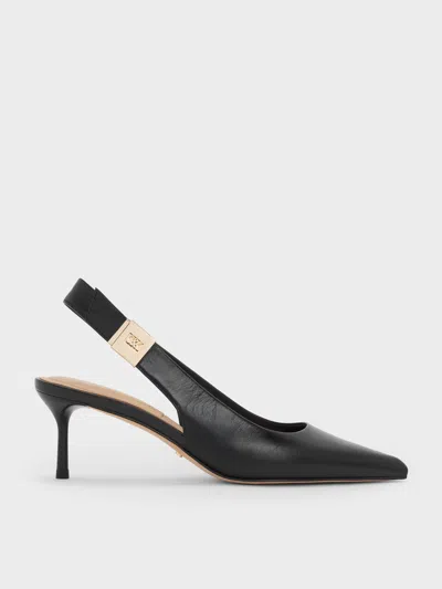 Charles & Keith - Cody Leather Pointed-toe Kitten-heel Slingback Pumps In Black