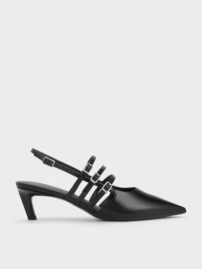 Charles & Keith - Patent Triple-strap Pointed-toe Kitten-heel Slingback Pumps In Black