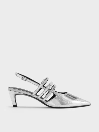 Charles & Keith - Metallic Triple-strap Pointed-toe Kitten-heel Slingback Pumps In Silver