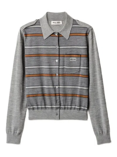 Miu Miu Striped Buttoned Wool Cardigan In Gray