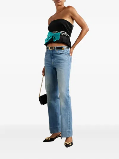 Valentino Embellished Satin-trimmed Cropped Cotton-blend Velvet Peplum Top In Black