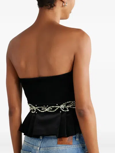 Valentino Embellished Satin-trimmed Cropped Cotton-blend Velvet Peplum Top In Black