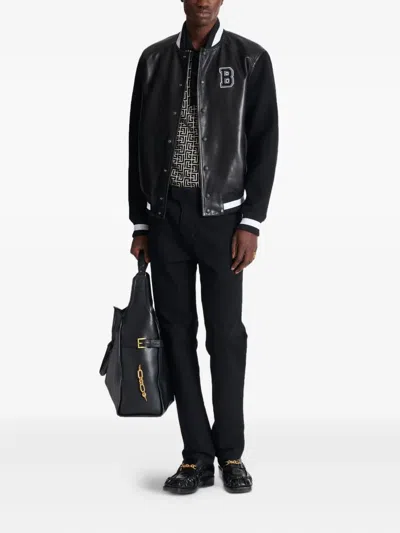 Balmain Varsity Lambskin Leather And Wool Jacket In Black