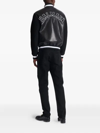 Balmain Varsity Lambskin Leather And Wool Jacket In Black