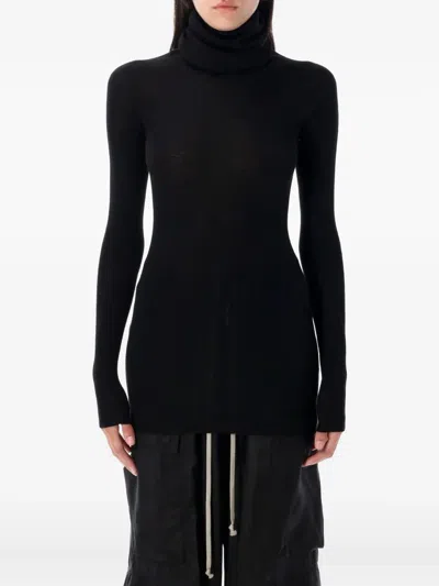 Rick Owens Turtleneck Wool Sheer Sweater In Black