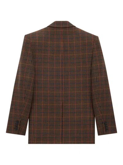 Saint Laurent Wool Check Single-breasted Jacket With Notched Collar In Brown