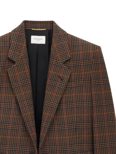 Saint Laurent Wool Check Single-breasted Jacket With Notched Collar In Brown