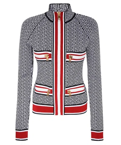 Balmain Jacquard Knit Jacket In Gray