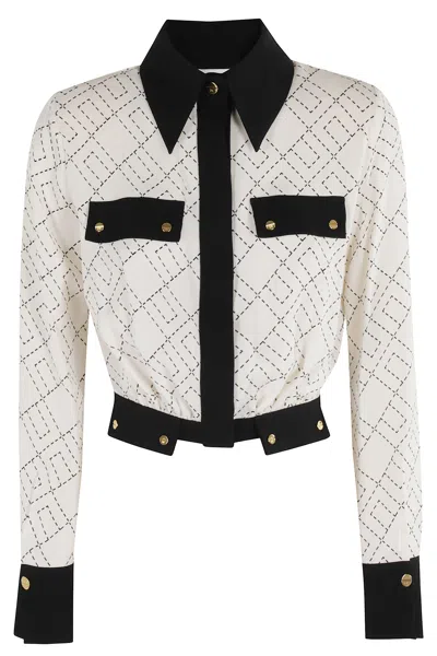 Elisabetta Franchi Bi-color Shirt With Gold Accents And Geometric Pattern In White