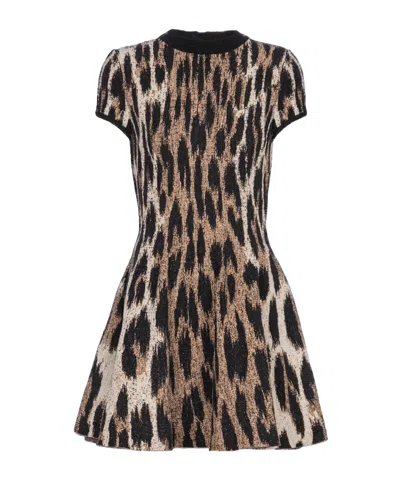 Balmain Flared Dress In Jacquard Knit With Leopard Print In Brown