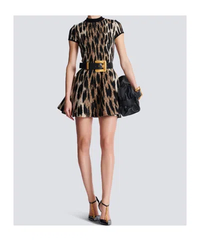 Balmain Flared Dress In Jacquard Knit With Leopard Print In Brown