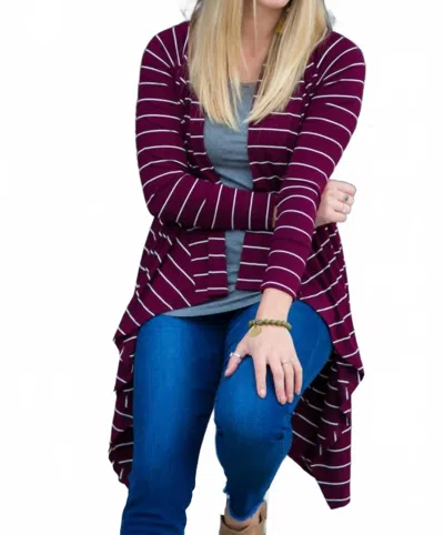 Hawthorne Stripe Ribbed Cascade Cardigan In Maroon & White In Multi