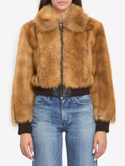 Saint Laurent Shearling Bomber Jacket Cropped Fur Texture In Sand