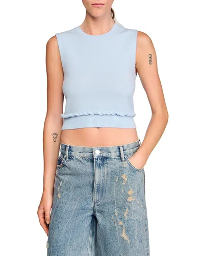 Sandro Womens Sky Blue Ruffled-trim Sleeveless Wool And Cashmere-blend Jumper In Blue