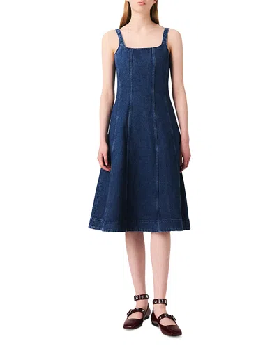Maje Womens Denim Blue Round-neck Flared-skirt Sleeveless Stretch-denim Mini Dress
