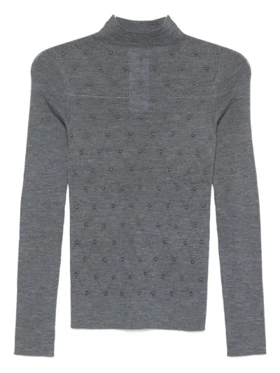 Liu •jo Medium Grey Melange Fitted Knit Top With Beaded Detailing In Gray