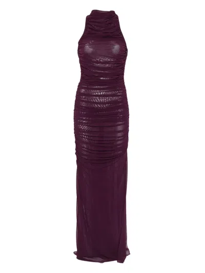 Amen Sleeveless Purple Mesh Draped Dress In Burgundy