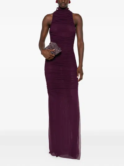 Amen Sleeveless Purple Mesh Draped Dress In Burgundy