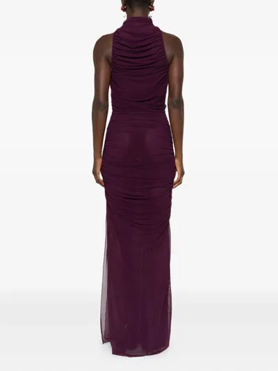 Amen Sleeveless Purple Mesh Draped Dress In Burgundy
