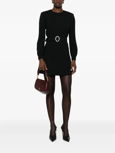 Saint Laurent Wool-cotton Belted A-line Mini Dress In Black