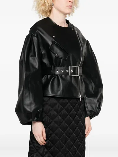 Simone Rocha Cropped Sculpted Belt Detail Biker Jacket In Black