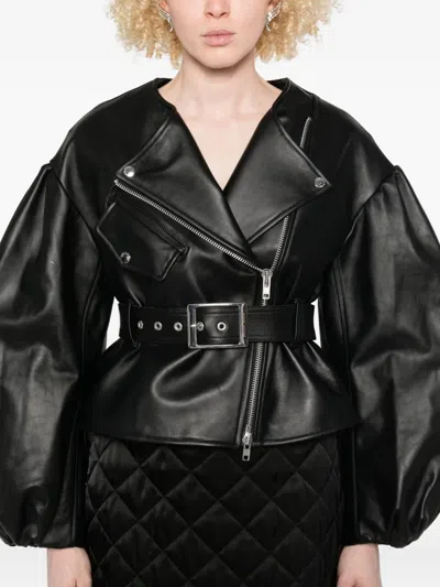 Simone Rocha Cropped Sculpted Belt Detail Biker Jacket In Black