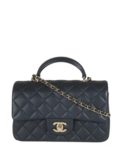 Pre-owned Chanel 2021-2023 Mini Quilted Lambskin Top Handle Bag In Blue