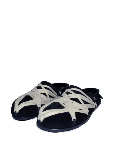 Rick Owens Black Mules With Oversize Decorative Laces And Buckle Closure In Leather Man In Animal Print