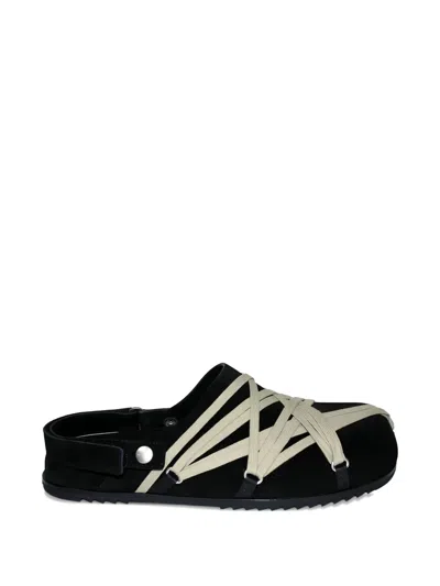 Rick Owens Black Mules With Oversize Decorative Laces And Buckle Closure In Leather Man In Animal Print