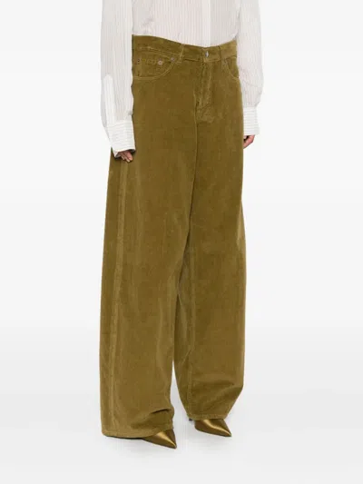 Haikure Wide Corduroy Trousers With Pockets And Belt Loops In Green