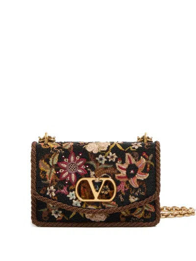 Valentino Garavani Vain Embroidered Beaded Cord-trimmed Leather Shoulder Bag In Black