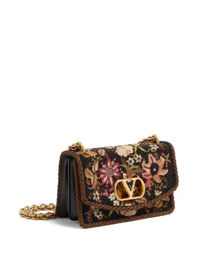 Valentino Garavani Vain Embroidered Beaded Cord-trimmed Leather Shoulder Bag In Black