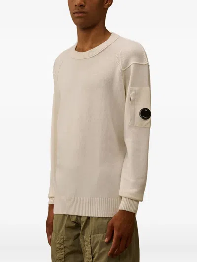 C.p. Company Crewneck Lambswool Sweater With Iconic Lens Detail In Neutral