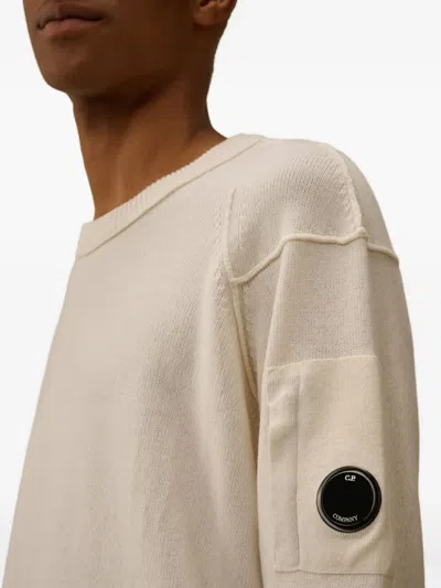 C.p. Company Crewneck Lambswool Sweater With Iconic Lens Detail In Neutral