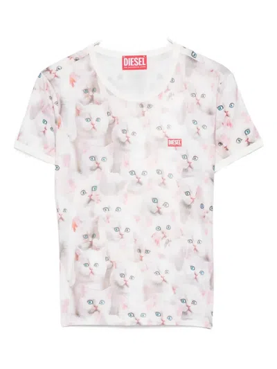 Diesel Cat-print T-shirt With Short Sleeves Throughout In Pink