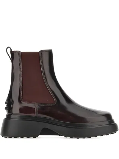 Tod's Burgundy Brown Ankle Boots With Elastic Sides In Brown