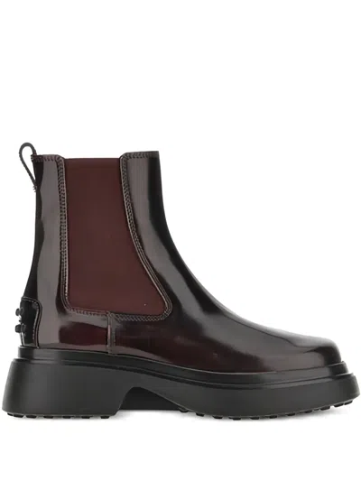 Tod's Burgundy Brown Ankle Boots With Elastic Sides In Brown