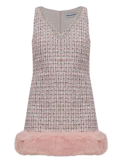 Self-portrait Pink Bouclé Faux Fur Hem Minidress In Pink