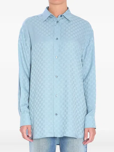 Gucci Silk Shirt With Monogram Motif In Blue