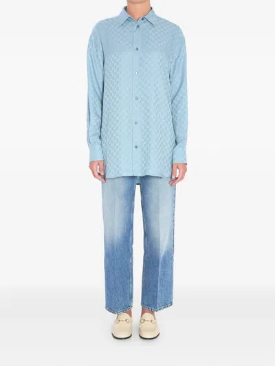 Gucci Silk Shirt With Monogram Motif In Blue